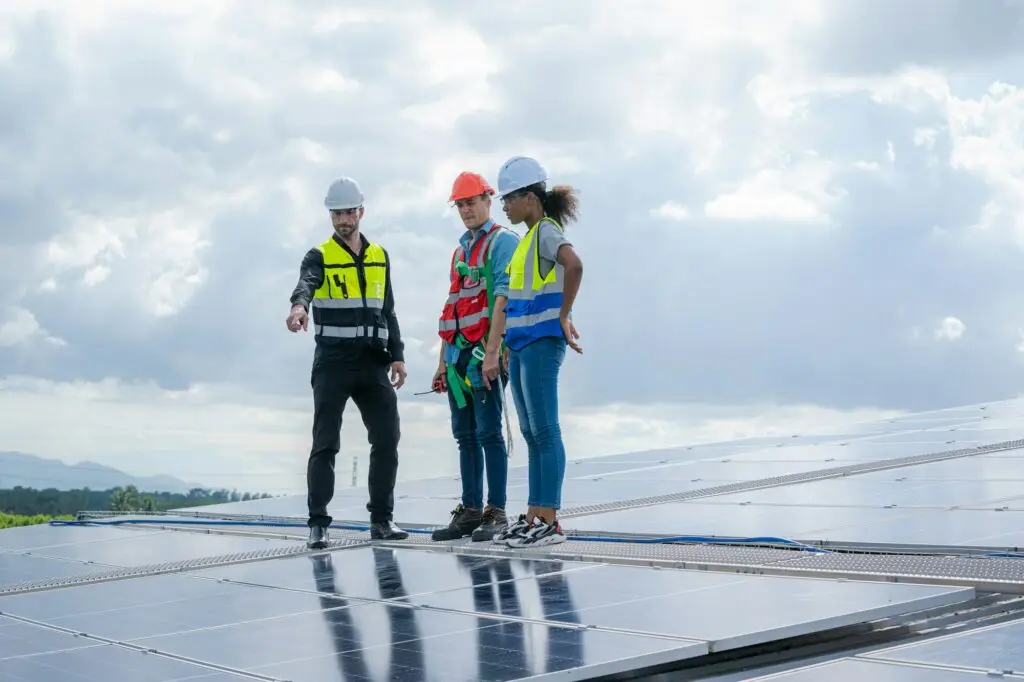 Technician checks and maintenance of the solar panel at solar power plant,Solar panels.